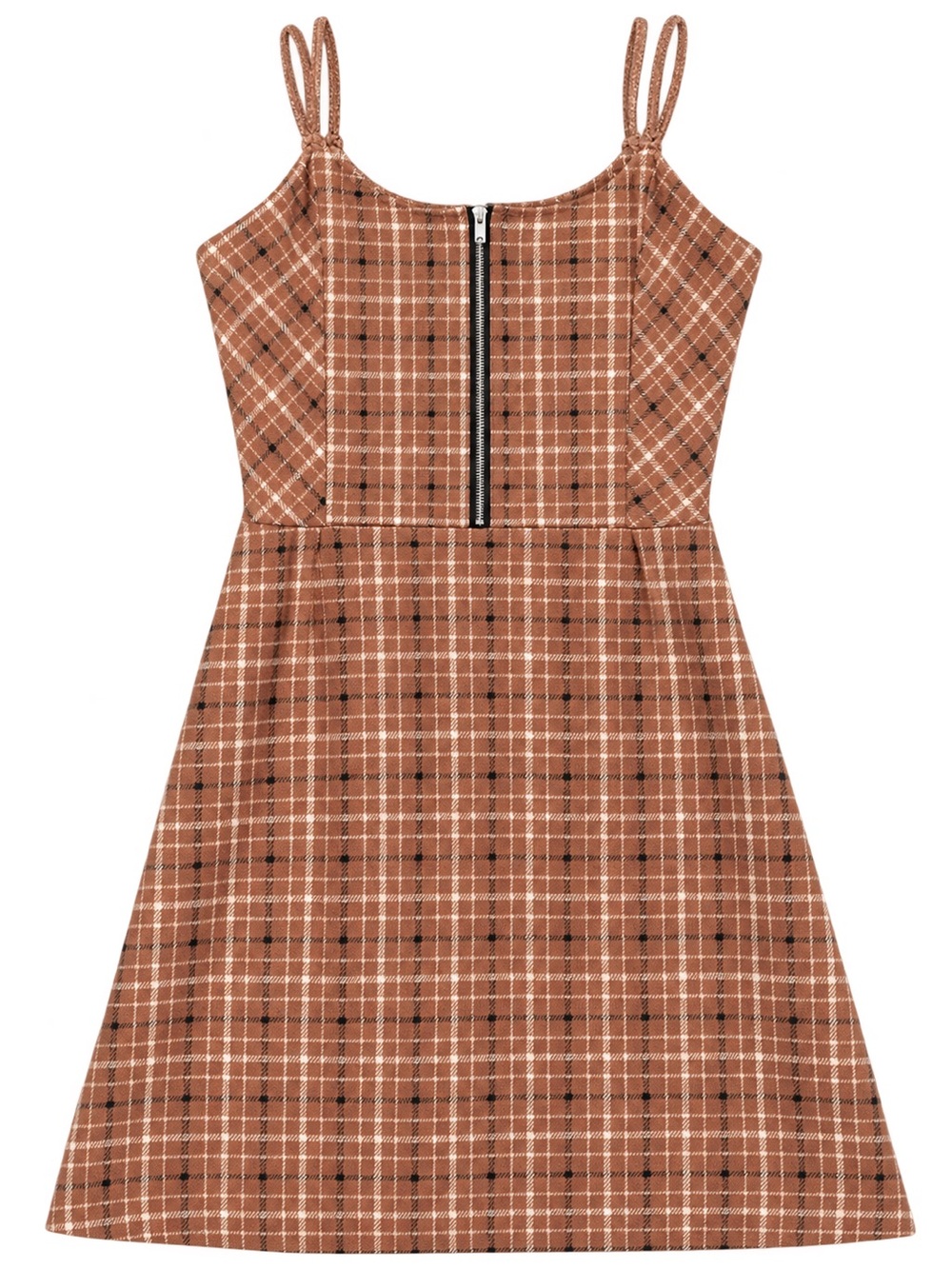 Women’s Brown Plaid Spaghetti-Strap Mini Dress with Front Zip